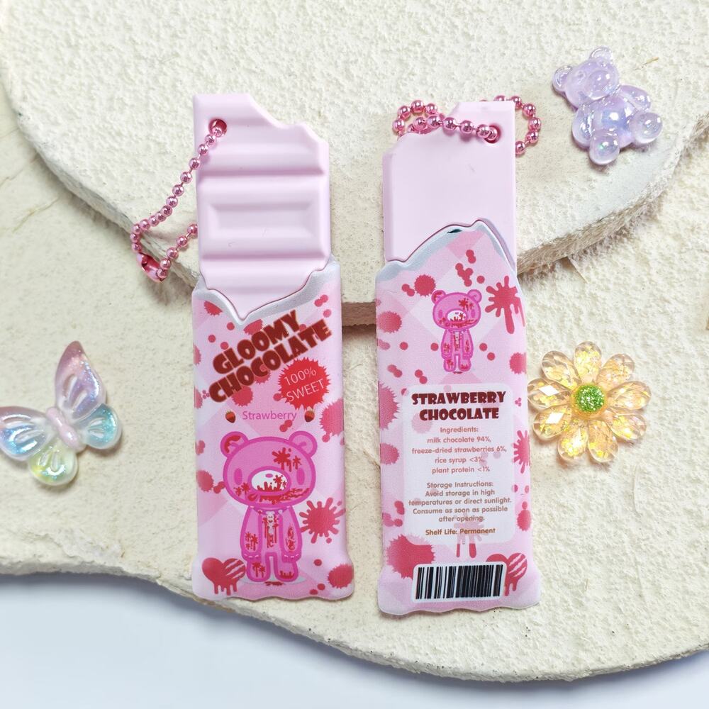Cute Gloomy Bear Kawaii Strawberry Chocolate Candy Bar Keychain Pendant Charm